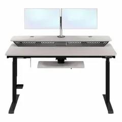 This electric sit-stand desk features a white wood laminate top and a black steel frame, with overall dimensions of 72 inches wide by 30 inches deep. The motorized height adjustment allows users to alternate between sitting and standing positions, supporting ergonomic workstations in office or home environments.