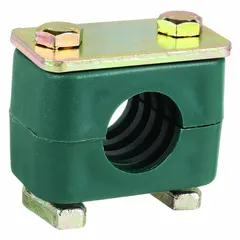 This ZSI beta clamp consists of a steel outer clamp with a polypropylene cushion featuring a ribbed bore. It is designed to secure and dampen vibration for a single tube or pipe line. The ribbed core provides grip while the cushion isolates the line, reducing noise and wear in fluid and pneumatic systems.
