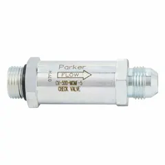 This high-flow check valve allows fluid to flow in one direction while blocking reverse flow in hydraulic systems. Constructed of steel, it is rated for 3000 psi and 50 gpm with a 3/4 in port size featuring SAE O-Ring Boss and JIC 37° Flare connections. Used in industrial machinery, mobile equipment, and power units for reliable backflow prevention.