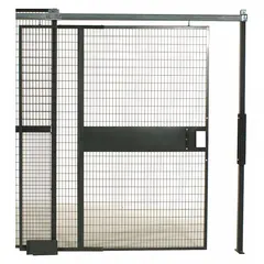 Steel welded-wire partition component with powder-coated gray finish. Measures 8 1/2 ft high by 4 3/8 ft wide by 2 in deep. Right-hand opening configuration. Used as a sliding door in industrial enclosures, security cages, and storage areas.