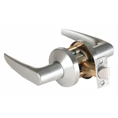 This passage lever lockset is designed for doors where locking is not required, such as restrooms or closets. It features a satin chromium-plated zinc finish and a 9K curved no-return lever that is ADA compliant. The lockset includes a Large Format Interchangeable Core (LFIC) and is classified under ANSI F75 function.