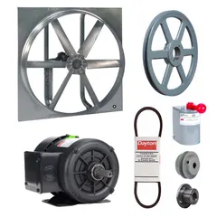 Belt-drive reversible panel fan with drive package, suitable for industrial ventilation applications such as exhausting stale air or supplying fresh air in factories, warehouses, and commercial buildings. Features a 36-inch blade, 1/2 hp totally enclosed fan-cooled motor, and operates on 208-230/460V AC three-phase power.