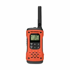Analog FRS/GMRS handheld two-way radio operating at 0.5 W with numeric display. Sold as a 2-pack in orange. No FCC license required. Suitable for outdoor recreation, job site coordination, and emergency communication.