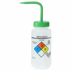 Wash Bottle, 500 mL, Methanol, Wide Mouth, Vented Spout, Colorless, Green Closure