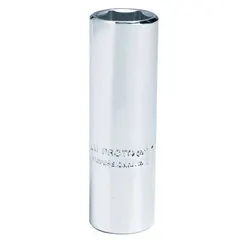 6-point deep socket for 1/4" drive tools, sized 6 mm. Constructed from chrome. Not tether capable. Suitable for accessing recessed fasteners in confined spaces.