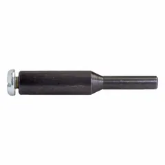 This screw lock-type wheel arbor is designed for use with wheels having a 1/4 in arbor. It features a 1/4 in shank and is used to securely mount grinding or finishing wheels in industrial applications.
