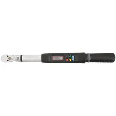 Standard-head electronic torque wrench with ratcheting drive. Measures torque in centimeter-kilogram, foot-pound, inch-pound, and newton-meter. Provides audible and visual indicators for bidirectional operation. Suitable for precision fastening in industrial maintenance, assembly, and repair tasks.