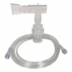 Nebulizer and steam inhaler with 6 mL medication capacity. Includes corrugated tubing for flexible connection. Overall dimensions: 20 in length, 11 in width. Suitable for delivering aerosolized medication or steam in respiratory therapy applications.