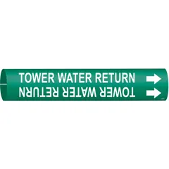 Green snap-on pipe marker with white legend reading 'Tower Water Return' and directional arrows. Fits pipe outer diameters from 2-1/2 to 3-7/8 inches. Used to identify tower water return lines in industrial piping systems.