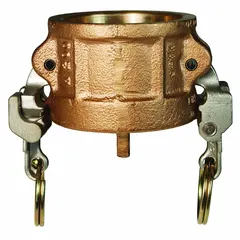 This forged brass dust cap seals the end of a cam-and-groove coupling when not in use, protecting internal components from dirt and moisture. It has a 1-inch coupling size, maximum working pressure of 250 psi at 70°F, and overall length of 2 7/32 inches. The gasket is made of Nitrile.