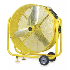 Mobile industrial floor fan with 36-inch blade diameter. 1/2 hp direct-drive motor operates on 120V AC. Steel construction. Suitable for air circulation in workshops, warehouses, and manufacturing plants.