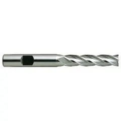 This square end mill is made of high-speed steel with a TiN coating for reduced friction and extended tool life. It has 4 flutes, a 5/16" mill diameter, 1-3/8" length of cut, and 3-1/8" overall length. Suitable for general-purpose milling of steel, cast iron, and non-ferrous materials in slotting, profiling, and contouring operations.