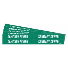 Green adhesive pipe marker with white legend reading 'Sanitary Sewer', without arrows. Fits pipe outer diameters from 3/4 to 2-3/8 inches. Pack of 4 markers. Used for identifying sanitary sewer lines in industrial and municipal facilities.