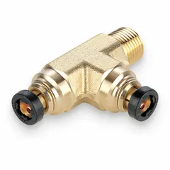 Brass push-to-connect elbow fitting with 5/32 in OD tube connection and 1/16 in male NPT thread. Used in pneumatic systems and air brake lines for tool-free, leak-free connections in industrial and vehicle applications.