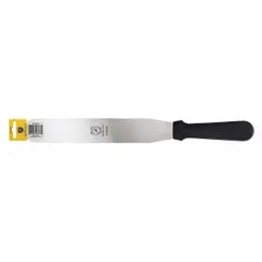 This spreader features a stainless steel blade with a smooth edge and a black polypropylene handle. It is NSF Certified for sanitation compliance in foodservice environments. Suitable for spreading condiments, butter, or icing in commercial kitchens and bakeries.