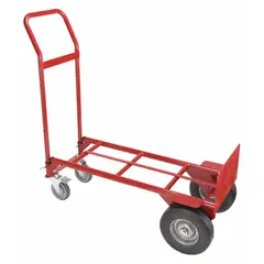 This 2-position steel convertible hand truck from Dayton features a flow-back design for easy conversion between hand truck and flow-back configurations. With a 400 lb capacity as a hand truck, it is suitable for moving heavy loads in warehouses, factories, and delivery settings. The red finish and dimensions of 14 inches wide by 8 inches deep provide a compact and durable solution for transporting goods on stairs, docks, and in tight spaces.