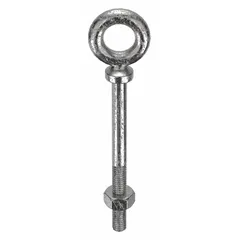 This machinery eye bolt features a shoulder design for stable bearing surface under load. Made from 18-8 stainless steel with plain finish, it includes a nut. Thread size is 5/16"-18 with a 6-inch shank length. Suitable for lifting, rigging, and securing loads in industrial applications.