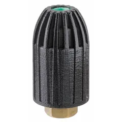 This threaded turbo nozzle is rated for 4,000 psi and 2.7 gpm, featuring a rotary operation that delivers a concentrated spinning spray pattern. It is designed for high-pressure cleaning tasks such as stripping paint, removing graffiti, and cleaning concrete or heavy equipment. The nozzle has a female connection and a 2.7 nozzle size.