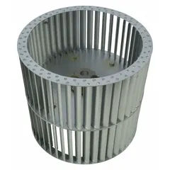 This dual-inlet forward-curved blower wheel has an 11 1/8 in diameter, 10 1/8 in width, and a 3/4 in bore. Constructed from steel, it supports both clockwise and counterclockwise rotation. Suitable for moving air in HVAC systems, industrial ovens, and ventilation equipment requiring moderate pressure and high airflow.