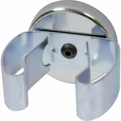 Round cup ceramic magnet with an encased design and clip for attachment. Measures 0.28 in thick and 1 13/32 in outside diameter, providing a maximum pull force of 11 lbf. Suitable for light-duty fixturing, part retention, and temporary mounting in industrial settings.