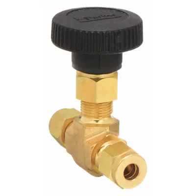 Parker Needle Valve: Inline Valve Body, Brass, Integral Bonnet, 1/4 in Pipe Size - Brass Straight-Body Needle Valves