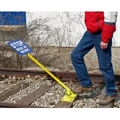 This aluminum railroad sign stand is designed for signs measuring 12 inches by 15 inches. It features a Screwlock connection type for secure mounting. Typical applications include use in rail yards, construction zones, and industrial facilities for safety warnings or directional markers.