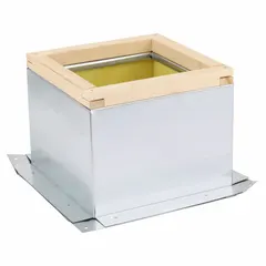 Fixed nonventilated roof curb designed for mounting and supporting 16 in square base filtered supply fans on commercial or industrial rooftops. Constructed of galvanized steel with an inside dimension of 11.5 x 12-1/2 in and outside width of 15 in. Includes damper tray and complies with UL 705 standards.