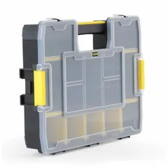 Plastic compartmented box with 14 adjustable compartments for organizing small parts such as screws, nuts, and fittings. Snap closure secures contents. Compartment dimensions: 14-3/4 in x 11-1/2 in x 2-5/8 in. Not electrostatic discharge conductive.