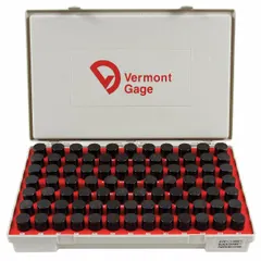 This No-Go (Minus) pin gauge set is used to verify that a hole's diameter does not exceed its maximum allowable size. The set covers a range of 0.917 in to 1 in with a ZZ tolerance class of +/-0.00020 in. Each gauge has a black oxide finish and is marked for identification. Supplied in a protective case.