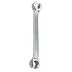 This PROTO flare nut wrench is made from alloy steel with a satin finish. It features 6-point, double-end heads sized 16 mm and 18 mm, with an overall length of 8-3/4 inches. Designed for turning flare nuts on brake, fuel, and hydraulic lines in automotive and industrial applications.