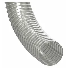 Thermoplastic urethane duct hose for conveying wood chips and plastic pellets in industrial material handling. Clear construction allows visual monitoring of flow. Rated 13 psi, with 1.2 in bend radius and temperature range -40° to 200°F.