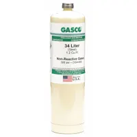 Disposable calibration gas for portable gas detectors. Contains nitrogen 99.999% with air background gas. Cylinder capacity 34 L, accuracy +/-5%, CGA 600 connection. Used for verifying and adjusting detector accuracy in industrial safety applications