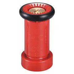 This fire hose nozzle features a plastic body with a swivel base and NPSH thread. It activates by twisting to adjust between fog and straight-stream spray patterns. Suitable for firefighting and industrial water-delivery tasks such as fire suppression, equipment cooling, and washdown.
