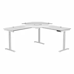 This electric adjustable-height desk features a wood top and steel frame in a white finish. With overall dimensions of 72 inches wide by 72 inches deep and a maximum desktop height of 45 1/2 inches, it is suited for sit-stand workstations in office or home environments.