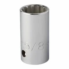 SAE standard socket with 1/2 in drive and 5/8 in socket size. 8-point configuration for use on square or multi-sided fasteners. Chrome finish. Not tether capable. Suitable for general maintenance and assembly tasks.