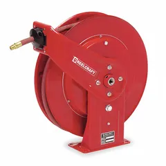 Spring-return hose reel for grease dispensing in lubrication systems. Holds 50 ft of 1/4 in I.D. hose. Rated to 5,000 psi max operating pressure. Features 1/4 in MNPT inlet and outlet, nickel-plated steel swivel, and red finish. Overall dimensions: 19-3/4 in L x 7 in W x 20-1/4 in H.