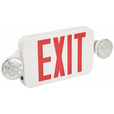 COMPASS Exit Sign with Emergency Lights: White, 1 or 2 Faces, Red, LED, Ceiling/Wall - Plastic Exit Signs with Round Side-Mount Light Heads