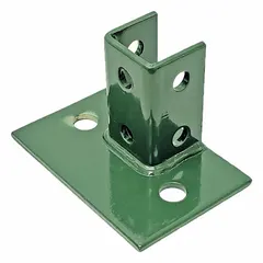 Green coated steel post base for single strut channels, sized 1-5/8 in x 1-5/8 in with six holes. Used for structural support in framing and mounting applications for electrical and mechanical systems.