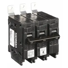 Three-pole miniature circuit breaker rated 45 A at 240V AC, part of the BL Series. Designed for bolt-on mounting in Siemens P1 Panelboards. Provides overcurrent protection in three-phase electrical distribution systems with a maximum interrupting rating of 10 kA at 240V AC.