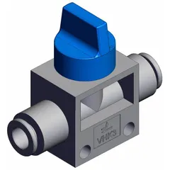 The SMC VHK3A-07F-07F-X205 is a 3-port, 2-position manual air control valve with 1/4 in NPT connections. It features a knob actuator and a side-ported body with a blue actuator, allowing compact inline mounting. This valve is used to start, stop, or redirect compressed air flow in pneumatic systems, suitable for panel-mount or tight-space installations.