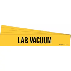 Yellow adhesive pipe marker with black legend text reading 'Lab Vacuum'. Designed to fit pipe outer diameters from 2-1/2 to 7-7/8 inches. Each pack contains 5 markers without arrows. Used for identifying vacuum lines in laboratory piping systems.
