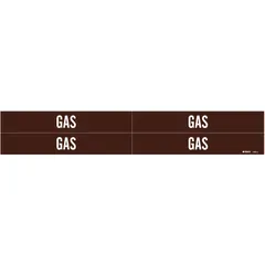 Brown adhesive pipe marker with white 'Gas' legend, designed for pipe outer diameters from 3/4 to 2-3/8 inches. Pack of four markers without arrows, used to identify gas piping in industrial facilities.