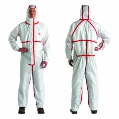 Non-sterile cleanroom coverall made from non-microporous PE laminate, suitable for ISO Class 1 and above environments. Features taped seams, elastic cuffs, ankles, wrists, and hood, with a zipper closure and anti-static properties. White, medium size, individually packaged in a 20-pack. Designed for clean-processed areas requiring protection against bloodborne pathogens.