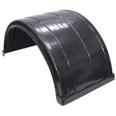 This semi rear fender is made of polyethylene with a ribbed finish and measures 26 1/2 inches in width. It features bolt-on mounting for secure attachment. Commonly used on trailers, trucks, and heavy equipment to reduce debris and spray.