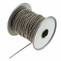 Steel, nickel-plated ball chain with yellow finish. No. 8 trade size, 5/32 in chain diameter, 100 ft length. Used for light-duty pulling, hanging, and securing in industrial settings.