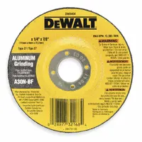 Type 27 depressed center grinding wheel, 4-1/2" diameter, 1/4" thickness, with 5/8"-11 arbor. Constructed of aluminum oxide abrasive, 30 grit. Suitable for general-purpose grinding of soft metals in metal fabrication and maintenance tasks