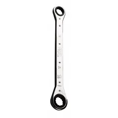 This SAE double end ratcheting box end wrench features 3/4 in and 7/8 in head sizes with a 12-point design for secure engagement on hex fasteners. The straight, standard configuration and chrome finish suit general maintenance and repair tasks. Overall length is 9 1/4 in.