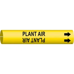 Yellow pipe marker with black 'Plant Air' legend and directional arrows. Fits pipe outer diameters from 2-1/2 to 3-7/8 inches. Used to identify compressed air lines in industrial piping systems.