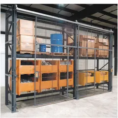 This wire mesh enclosure kit secures pallet rack storage areas, preventing unauthorized access and falling debris while maintaining visibility and airflow. Constructed from 10-gauge steel with a powder-coated gray finish, it includes three sliding doors and all necessary hardware. Suitable for warehouse and industrial environments requiring durable containment.