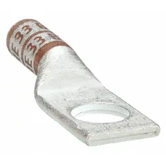 This one-hole compression lug is designed for terminating 2 AWG stranded copper wire. It features a 1/2 in stud size and a long barrel for secure crimping. The bare copper construction provides low-resistance connections in power distribution and control applications.